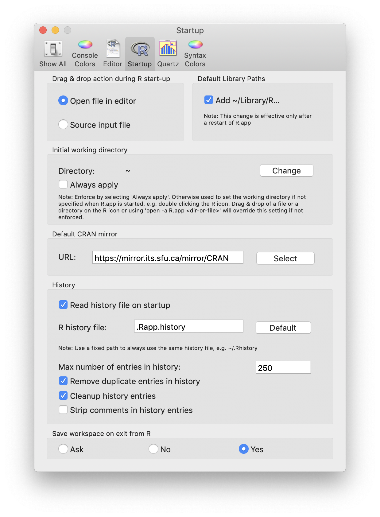 R App's Startup Preferences window