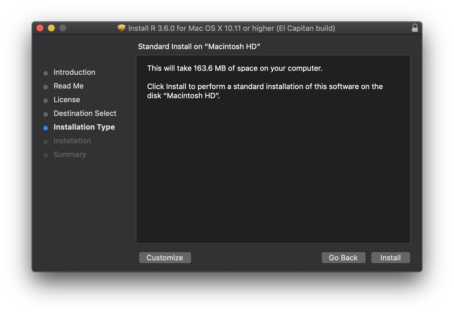 R installation screen with Customize button